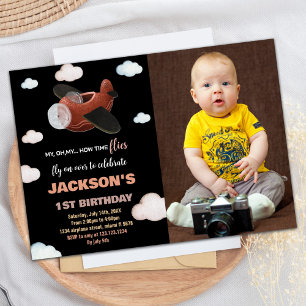 Aeroplane Birthday Invitations Black Brown w Photo