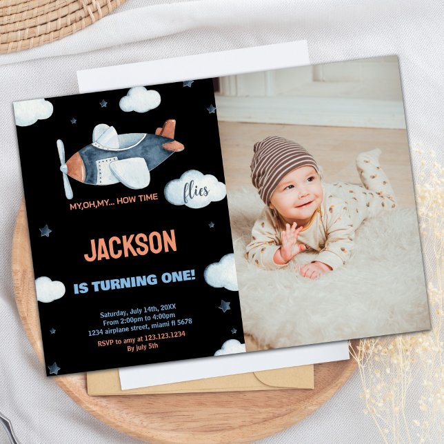 Aeroplane Birthday Invitations Black Brown W Photo (Airplane Birthday Invitations Black Brown W Photo)