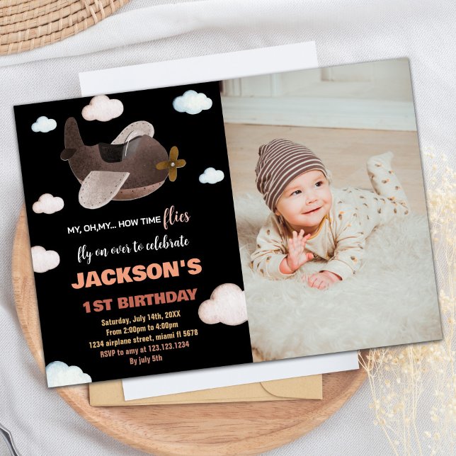 Aeroplane Birthday Invitations Black Brown w Photo (Airplane Birthday Invitations Black Brown w Photo)