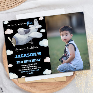 Aeroplane Birthday Invitations Black Grey w Photo