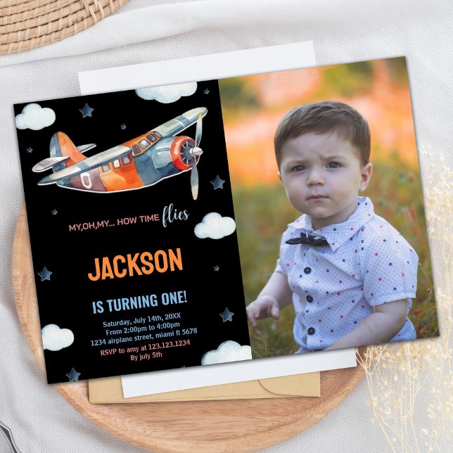 Aeroplane Birthday Invitations Black Orange w Phot (Airplane Birthday Invitations Black Orange w Photo)