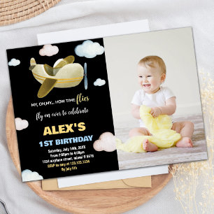 Aeroplane Birthday Invitations Black Yellow w Phot