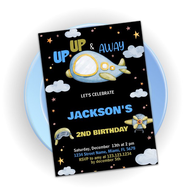 Aeroplane Birthday Invitations Blue Black (Airplane Birthday Invitations Blue Black)