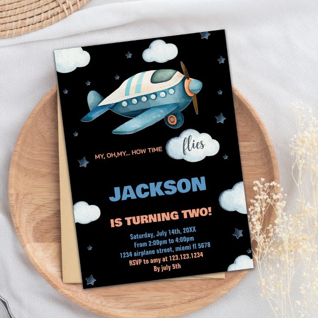 Aeroplane Birthday Invitations Blue Black BK (Airplane Birthday Invitations Blue Black BK)