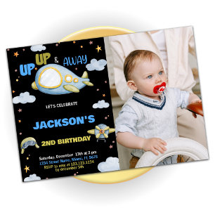 Aeroplane Birthday Invitations Blue Black w photo