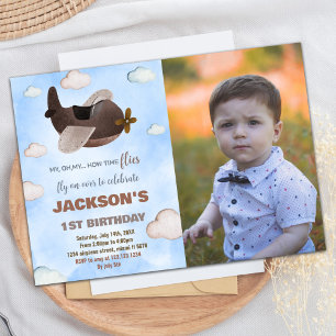 Aeroplane Birthday Invitations Blue Brown W Photo