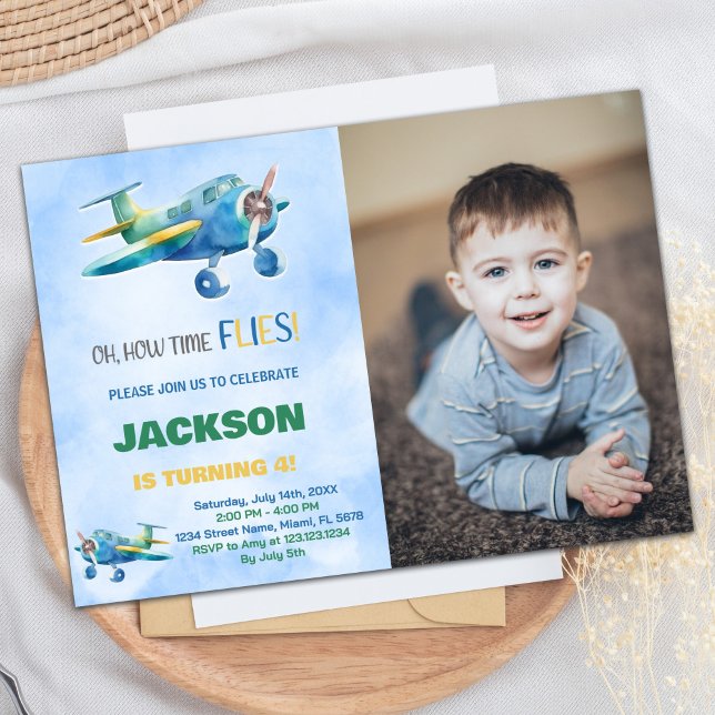 Aeroplane Birthday Invitations Blue Green w photo (Airplane Birthday Invitations Blue Green w photo)