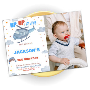 Aeroplane Birthday Invitations Blue Grey with phot