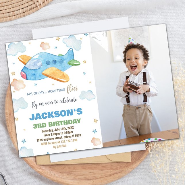 Aeroplane Birthday Invitations Blue Orange W Photo (Airplane Birthday Invitations Blue Orange W Photo)