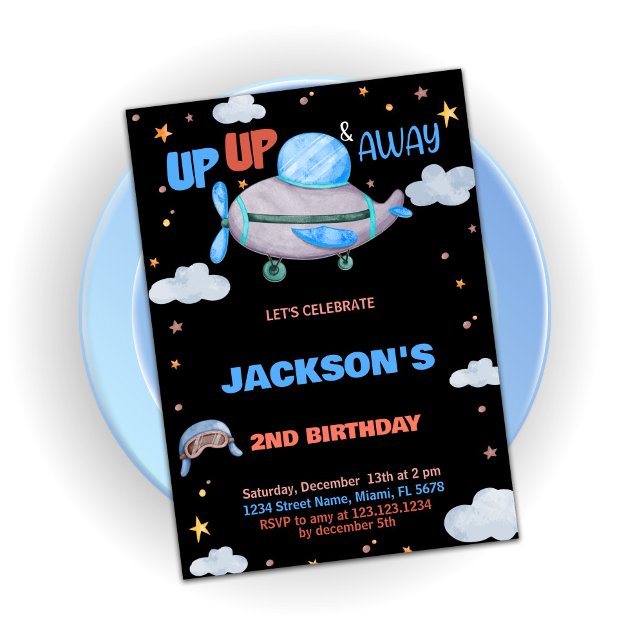 Aeroplane Birthday Invitations Brown Blue Black (Airplane Birthday Invitations Brown Blue Black)