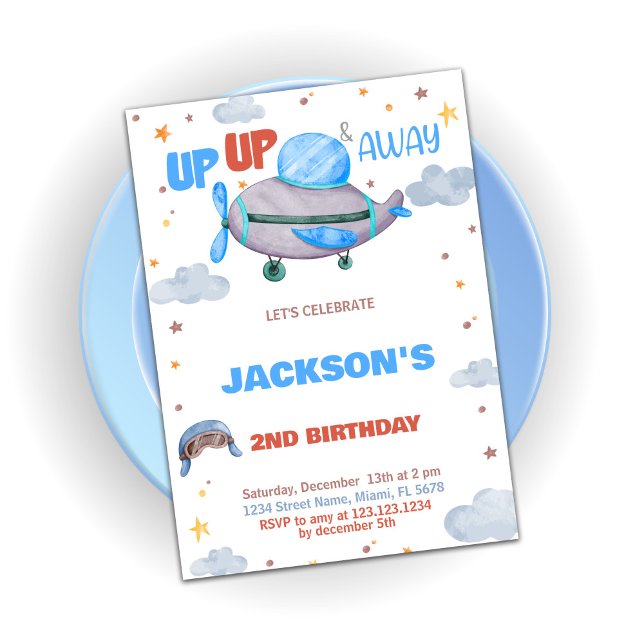 Aeroplane Birthday Invitations Brown Blue Orange (Airplane Birthday Invitations Brown Blue Orange)