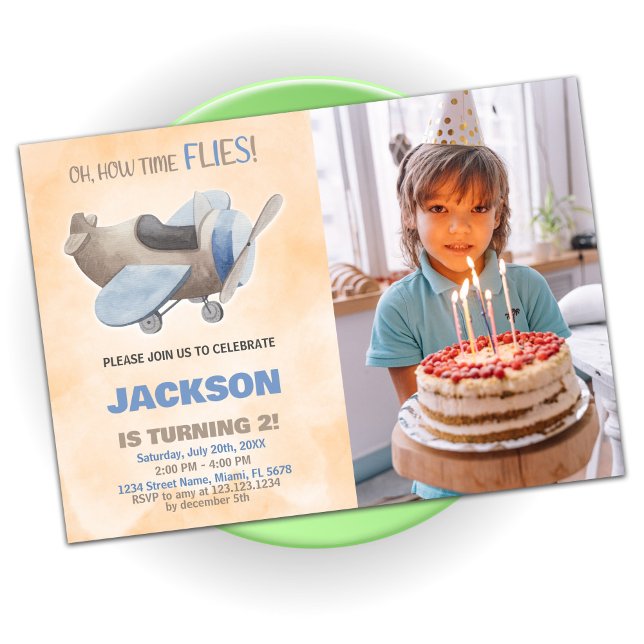 Aeroplane Birthday Invitations Brown Grey w photo (Airplane Birthday Invitations Brown Gray w photo)