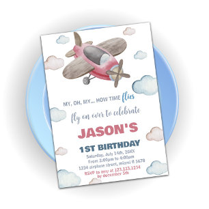Aeroplane Birthday Invitations Brown Red