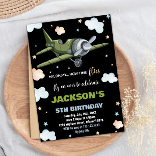 Aeroplane Birthday Invitations Green Black BK