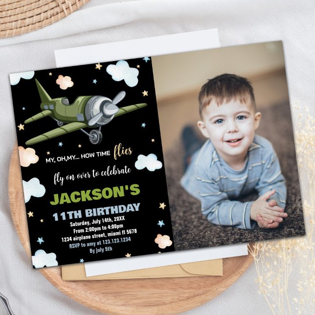 Aeroplane Birthday Invitations Green Black w Photo (Airplane Birthday Invitations Green Black w Photo)