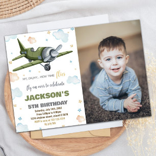 Aeroplane Birthday Invitations Green With Photo