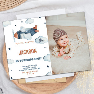 Aeroplane Birthday Invitations Grey Brown w photo