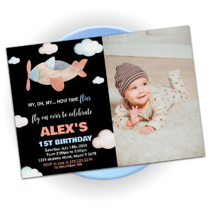 Aeroplane Birthday Invitations Orange Black w Phot