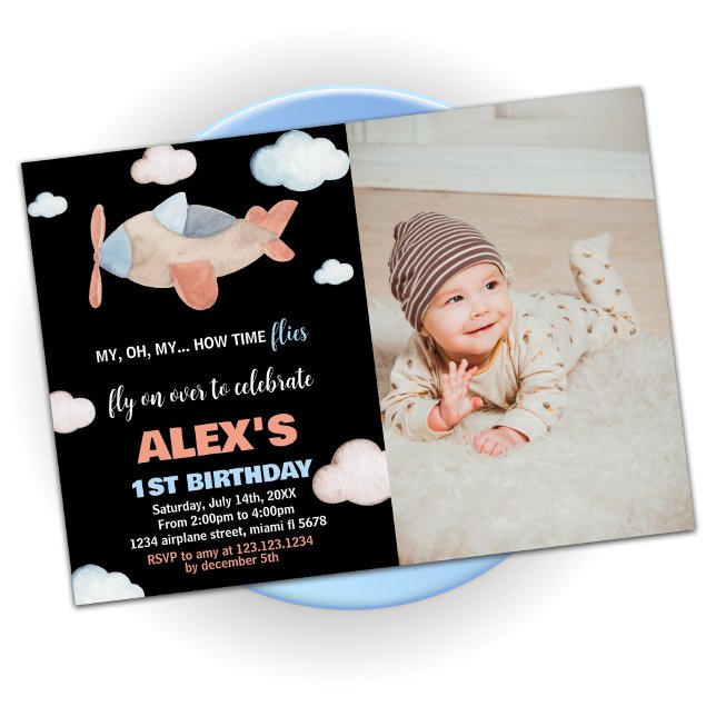 Aeroplane Birthday Invitations Orange Black w Phot (Airplane Birthday Invitations Orange Black w Photo)