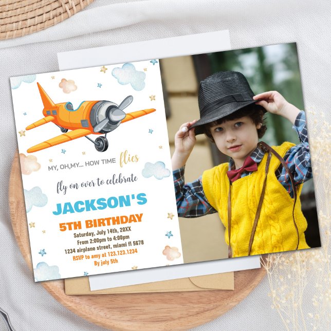 Aeroplane Birthday Invitations Orange With Photo (Airplane Birthday Invitations Orange With Photo)