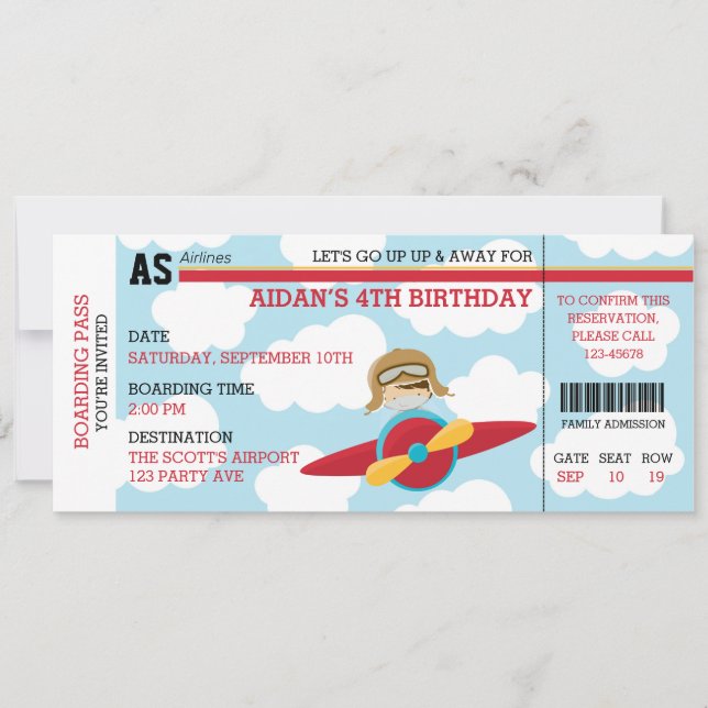 Aeroplane Birthday Invitations (Pilot Ticket Style (Front)