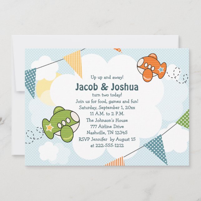 Aeroplane Birthday Invitations Twins (Front)