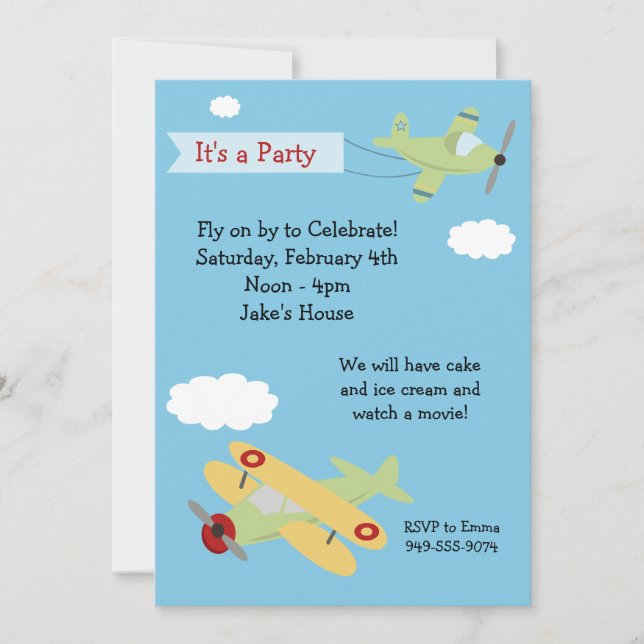 Aeroplane Birthday Party Invitation (Front)