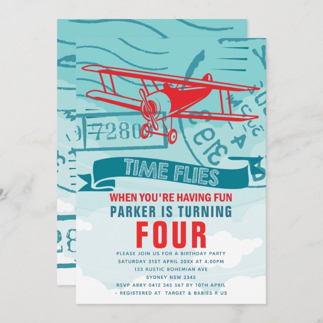 Aeroplane Birthday Party Invitation (Front/Back)