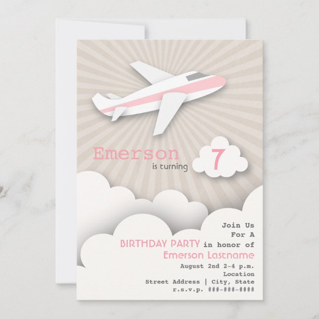 Aeroplane Birthday Party Invitation - Pink (Front)
