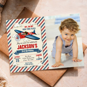 Aeroplane Birthday Photo Invitation Time Flies