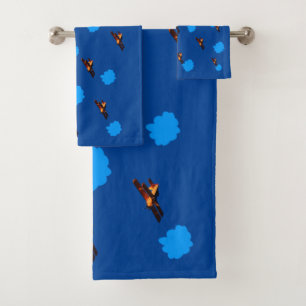 Aeroplane & blue clouds sky vintage plane /Aviatio Bath Towel Set