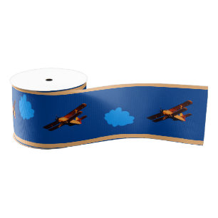 Aeroplane & blue clouds sky vintage plane /Aviatio Grosgrain Ribbon