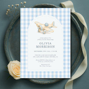 Aeroplane Blue Gingham Boy Baby Shower Invitation