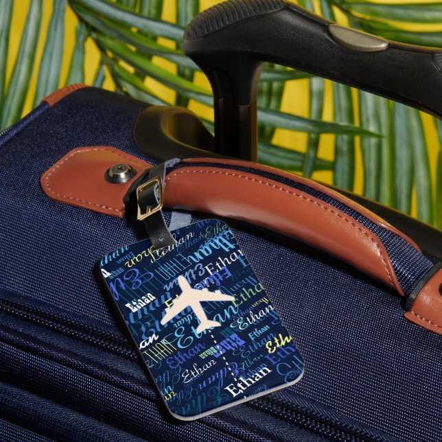 Aeroplane blue name cool luggage tag (Front Insitu 1)
