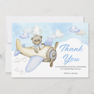 Aeroplane Blue Teddy Bear Baby Shower Thank You Card