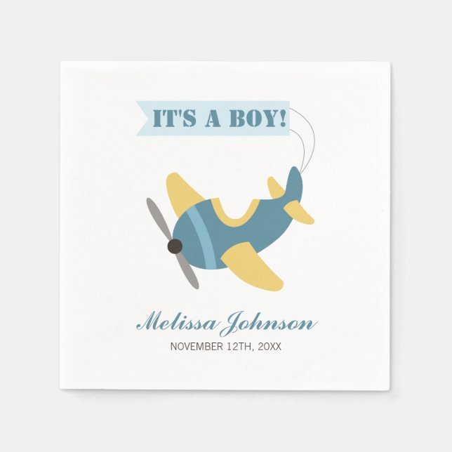 Aeroplane Blue Yellow Boy Baby Shower Napkin (Front)