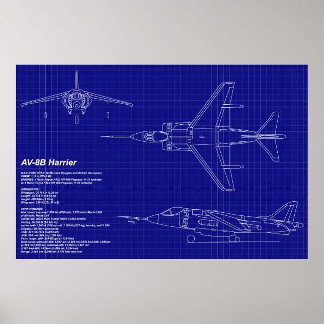 Aeroplane Blueprints | AV-8B Harrier Poster (Front)