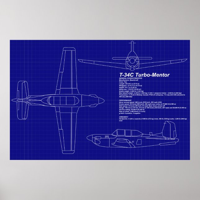 Aeroplane Blueprints | T-34 C Mentor Poster (Front)