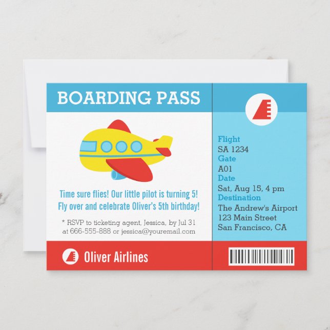 Aeroplane Boarding Pass Birthday Party Invitation (Front)