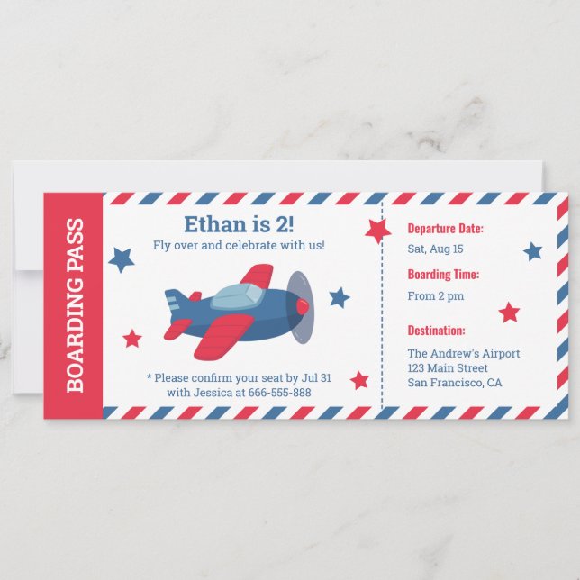 Aeroplane Boarding Pass Stripes Boys Birthday Part Invitation (Front)