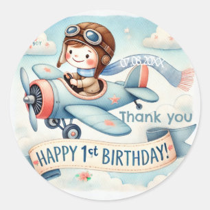 Aeroplane Boy 1st Birthday Party  Classic Round Sticker