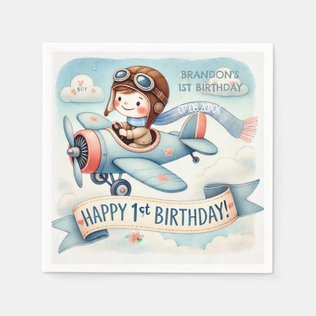 Aeroplane Boy 1st Birthday Party  Napkin (Front)