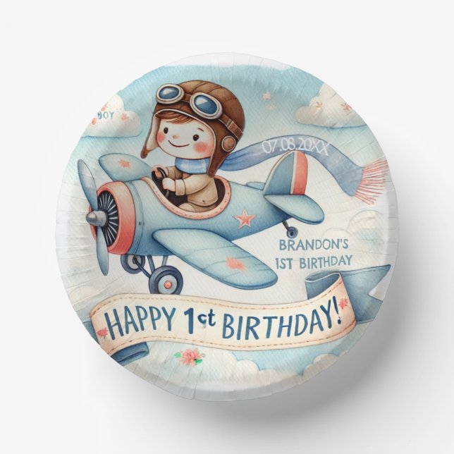 Aeroplane Boy 1st Birthday Party  Paper Plate (Front)