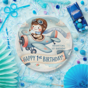 Aeroplane Boy 1st Birthday Party Paper Plate