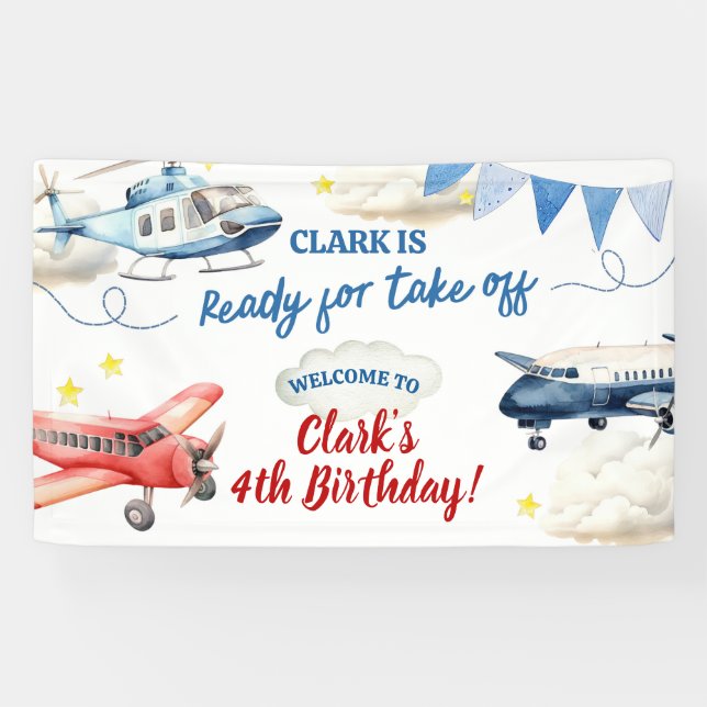 Aeroplane Boy 4th Birthday Large Banner (Horizontal)