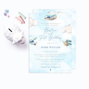 Aeroplane Boy Baptism 1st Birthday Party Invitation