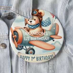 Aeroplane Boy Bear 1st Birthday Party  6 Cm Round Badge
