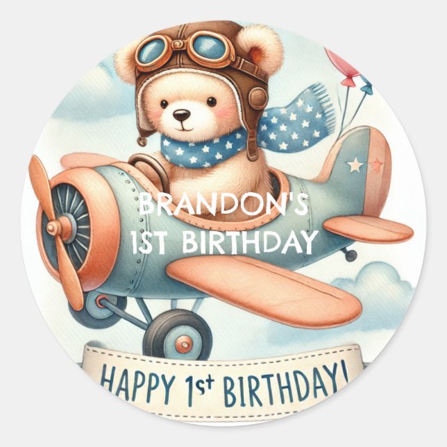 Aeroplane Boy Bear 1st Birthday Party  Classic Round Sticker (Front)