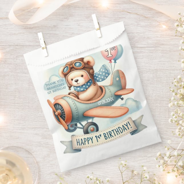 Aeroplane Boy Bear 1st Birthday Party  Favour Bag (Clipped)