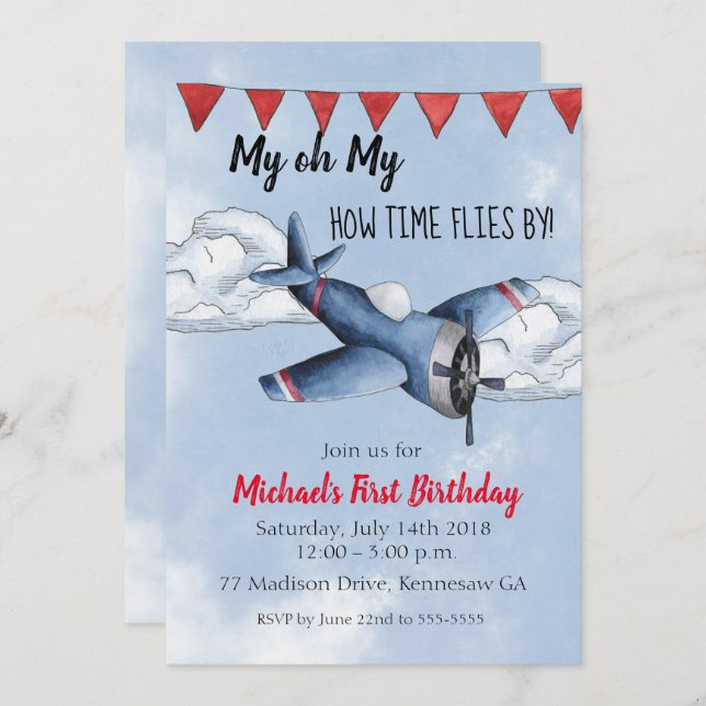 Aeroplane Boy Birthday Party Invitation (Front/Back)